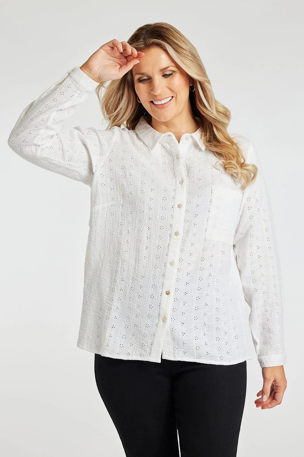 Long Sleeve Broderie Button Through Shirt - Image 4