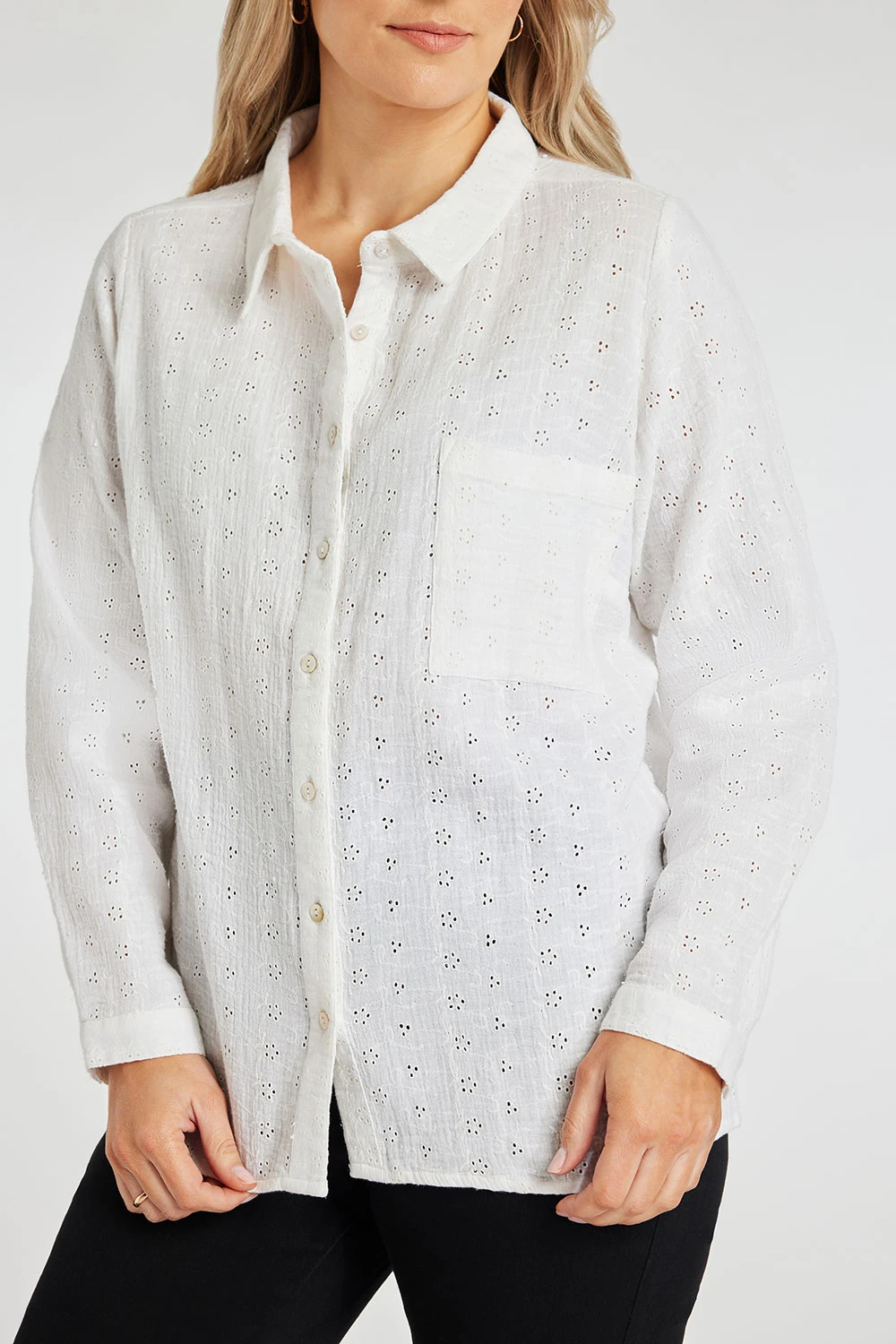 Long Sleeve Broderie Button Through Shirt - Image 7