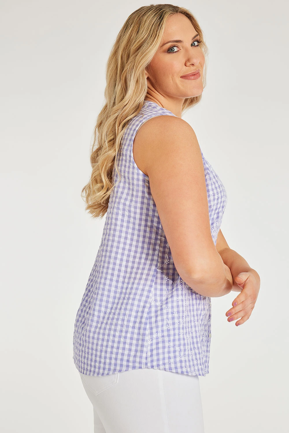 Sleeveless Gingham Button Through Shirt - Image 5