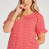 Short Frill Sleeve Chain Geo Print V-Neck Top