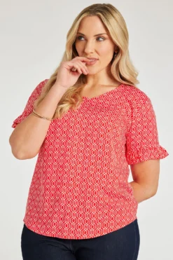 Short Frill Sleeve Chain Geo Print V-Neck Top