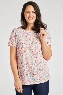 Short Sleeve Ditsy Print T-Shirt With Shirred Neckline