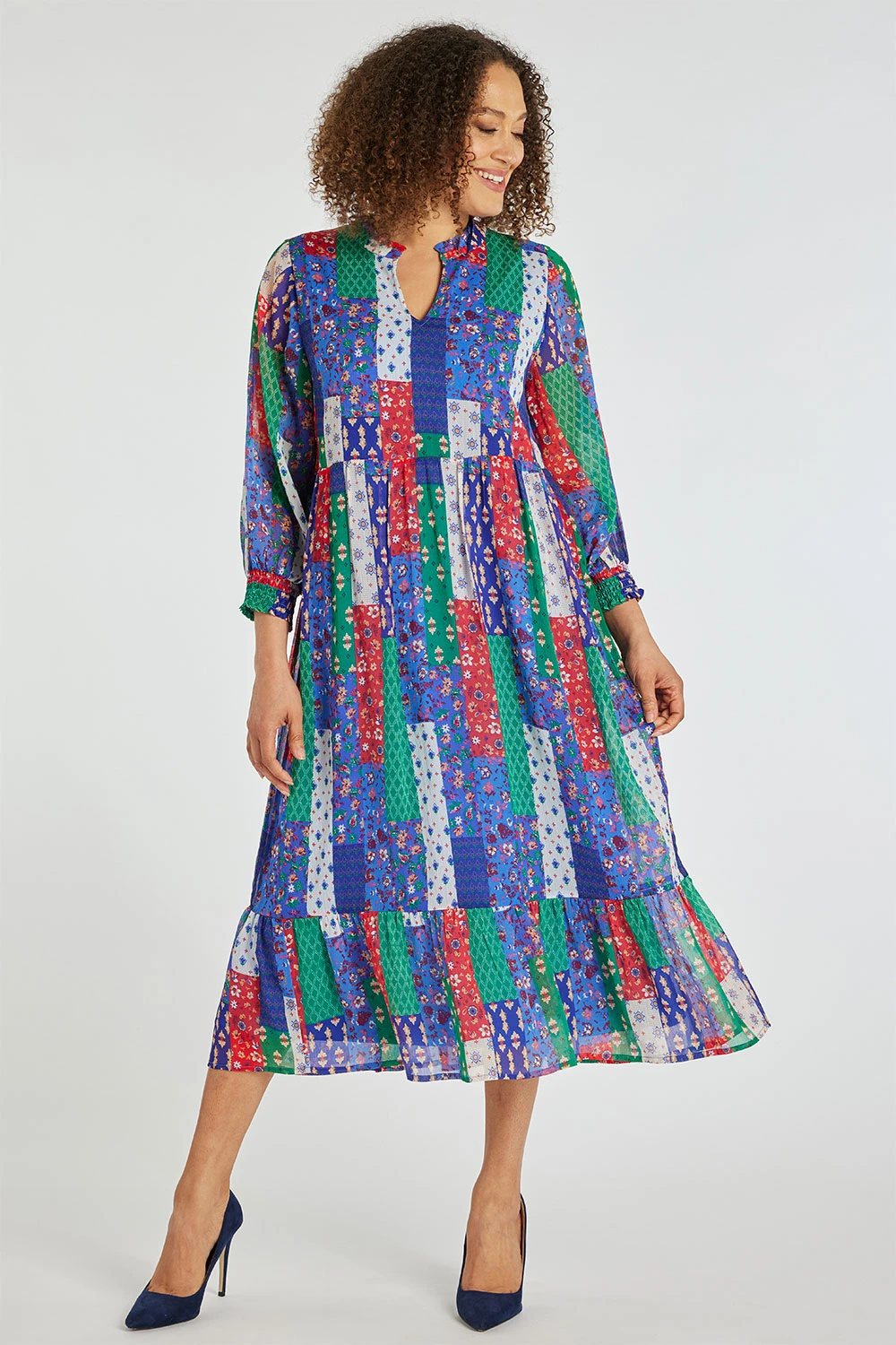 Patchwork Smock Maxi Dress With Shirred Cuffs - Image 10