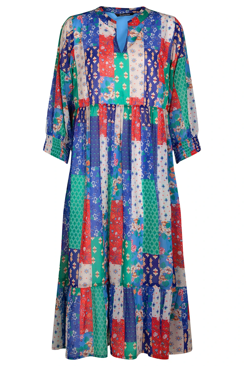 Patchwork Smock Maxi Dress With Shirred Cuffs - Image 2