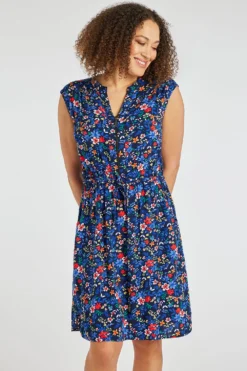Sleeveless Multi Ditsy Woven Dress With Zip Front