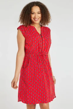 Sleeveless Foulard Dot Print Woven Dress With Zip Front