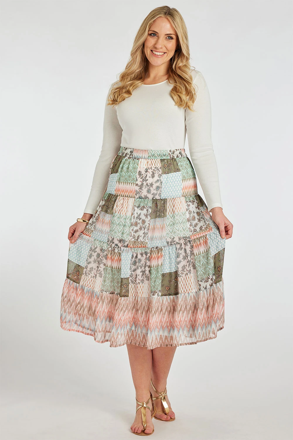 Multi Patchwork Printed Chiffon Skirt - Image 5