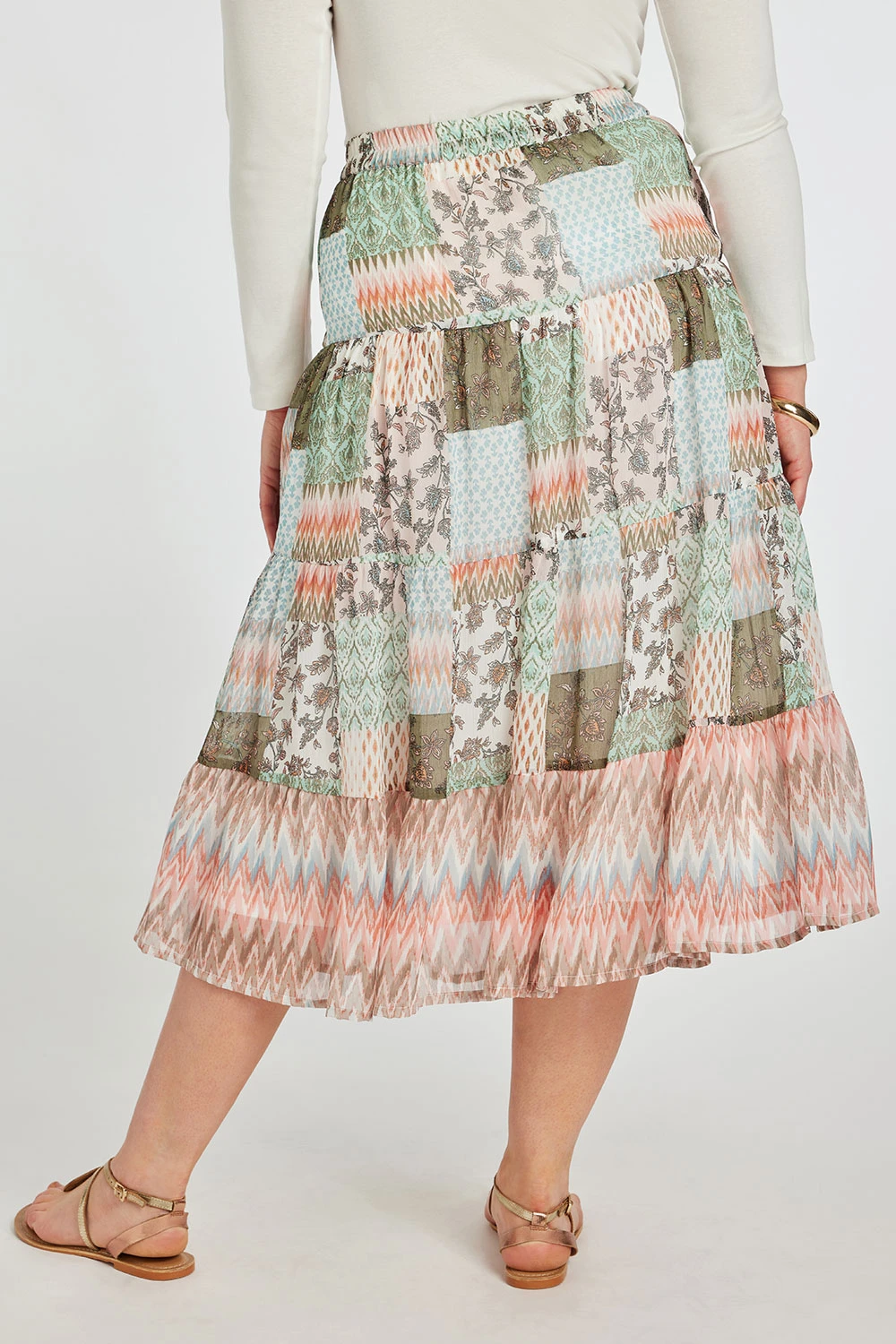 Multi Patchwork Printed Chiffon Skirt - Image 4