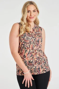 Sleeveless Palm Burnout Design Button Through Shirt