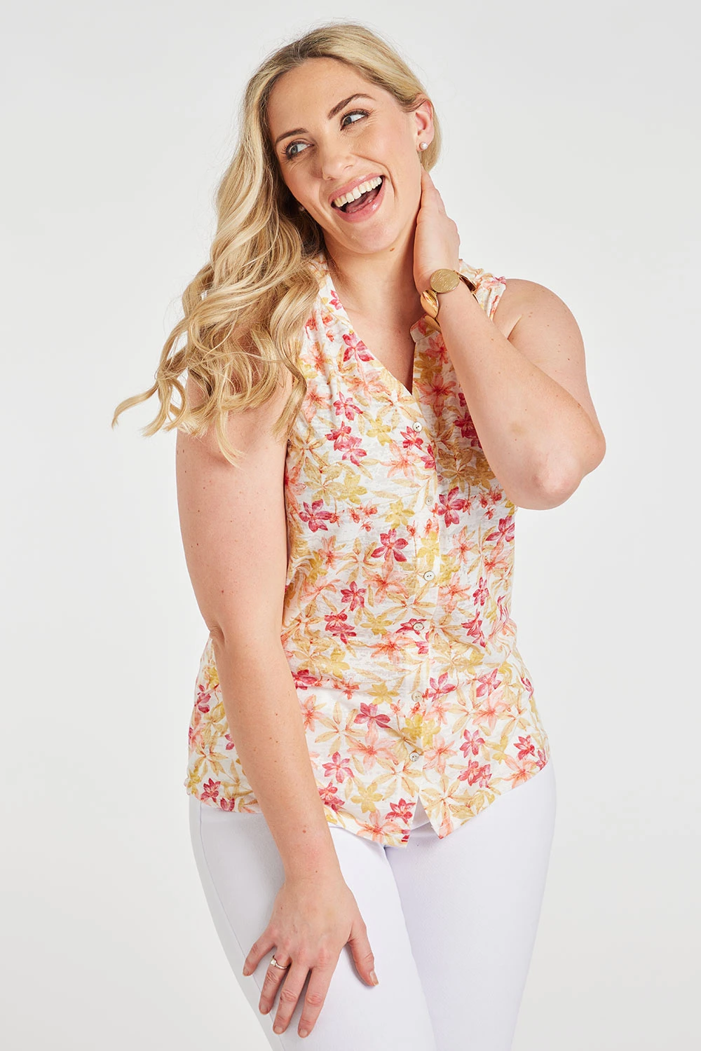 Sleeveless Tropical Ditsy Print Burnout Button Through Shirt