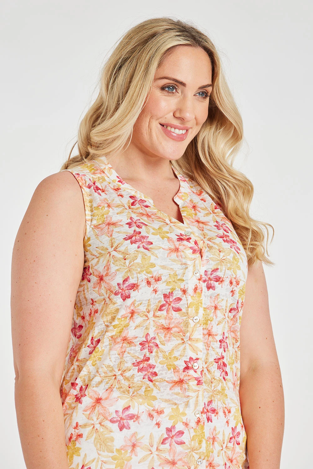 Sleeveless Tropical Ditsy Print Burnout Button Through Shirt - Image 7