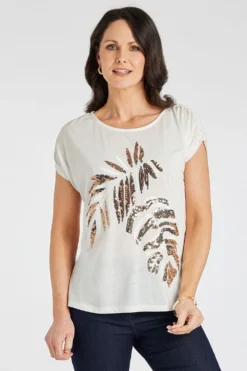 Short Sleeve Sequin Leaf Design Top