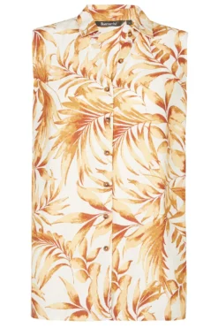 Sleeveless Tropical Leaf Linen Shirt
