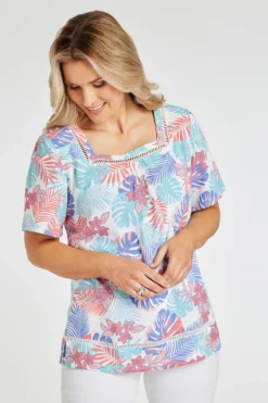 Short Sleeve Square Neck Tropical Leaf Linen Top