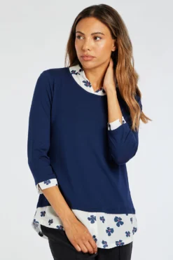 Long Sleeve 2 In 1 Floral Print Collar Hem Shirt