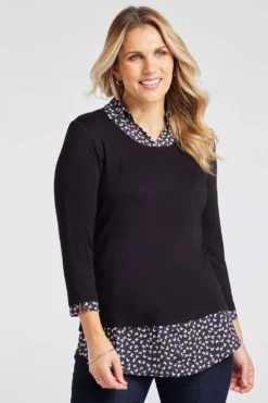 Long Sleeve 2 In 1 Butterfly Print Collar Hem Shirt