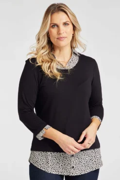 Long Sleeve 2 In 1 Animal Print Collar Hem Shirt