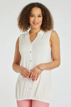 Sleeveless Bubble Hem Button Through Plain Shirt