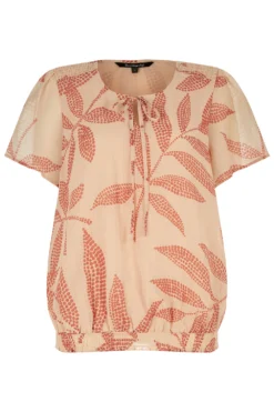 Short Sleeve Leaf Print Top With Shirred Hem