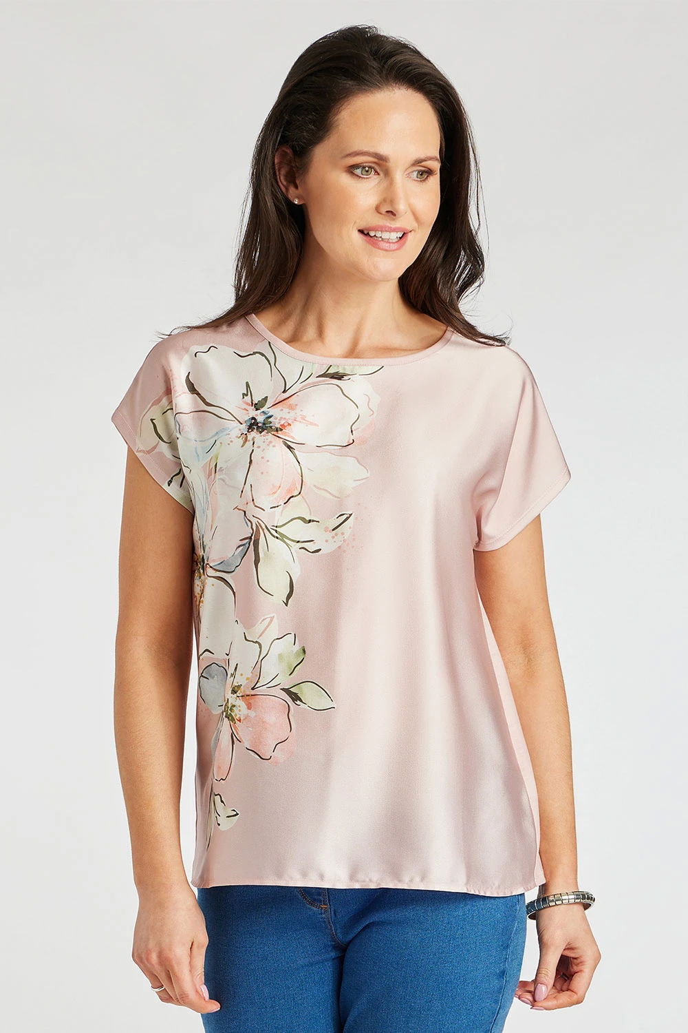 Short Sleeve Woven Front Side Floral Design Shell Top