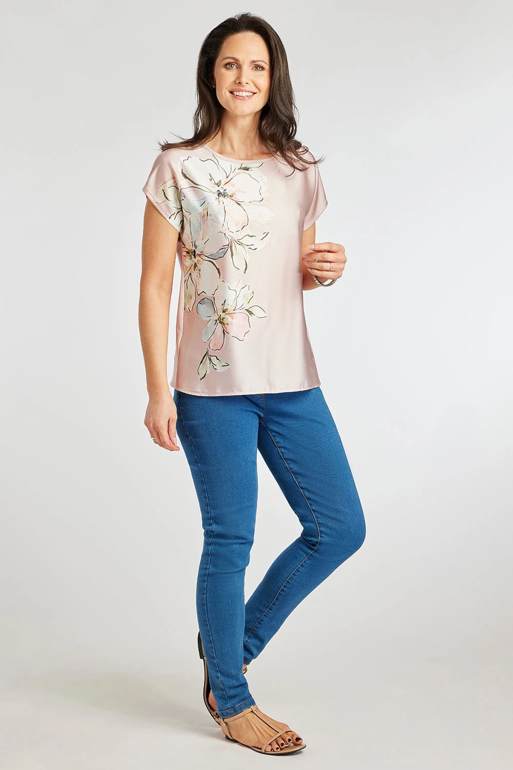 Short Sleeve Woven Front Side Floral Design Shell Top - Image 6