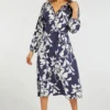 Leaf Print Belted Dress With Button Detail