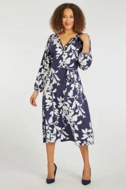 Leaf Print Belted Dress With Button Detail