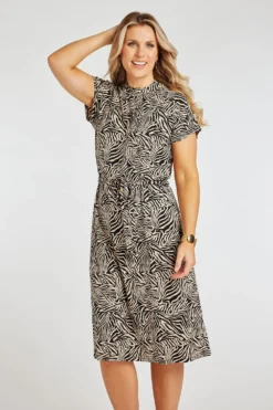 Zebra Print High Neck Belted Dress