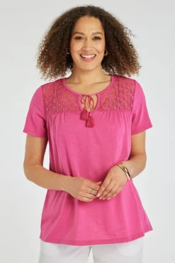 Short Sleeve Tie Neck T-Shirt With Lace Detail