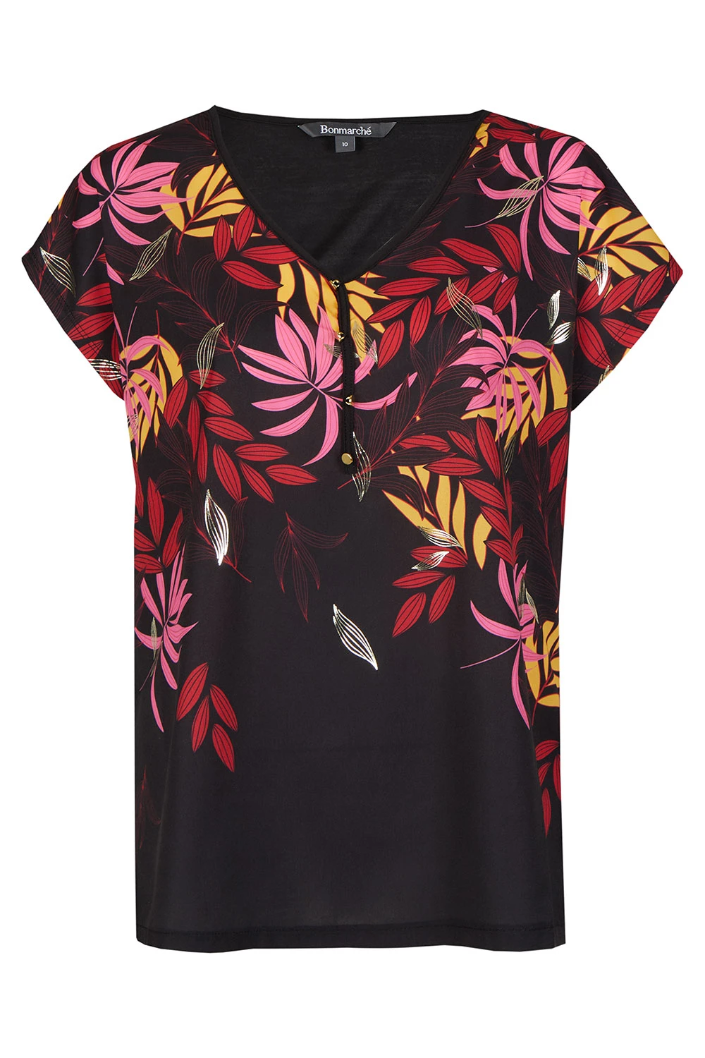 Short Sleeve V-Neck Woven Leaf Print Top - Image 2