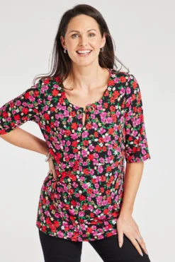 Short Sleeve Ditsy Print Tunic With Eyelet Detail