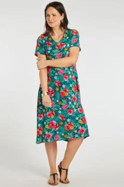 Green Tropical Flower Plisse Dress