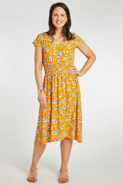 Mustard Ditsy Print Plisse Dress