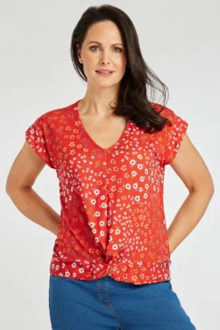 Short Sleeve Twist Front Ditsy Print Top