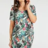 Short Sleeve Tropical Print Dress With Pockets