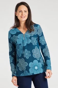 Long Sleeve V-Neck Floral Top With Zip Detail