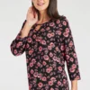 3/4 Sleeve Metal Notch Neck Floral Print Top