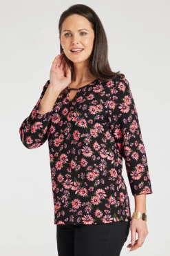 3/4 Sleeve Metal Notch Neck Floral Print Top
