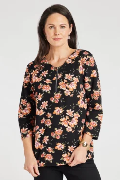 3/4 Sleeve Zip Neck Floral Top