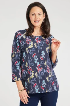 3/4 Sleeve Lace Shoulder Floral Top