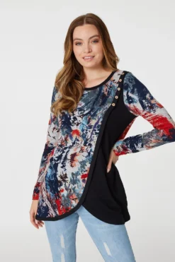 Stella Morgan - Long Sleeve Wrap Shoulder Design Tunic With Button Detail
