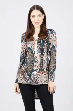 Stella Morgan - Long Sleeve Zip Neck High Low Hem Floral Blouse