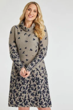Bird Print Cowl Neck Soft Touch Dress