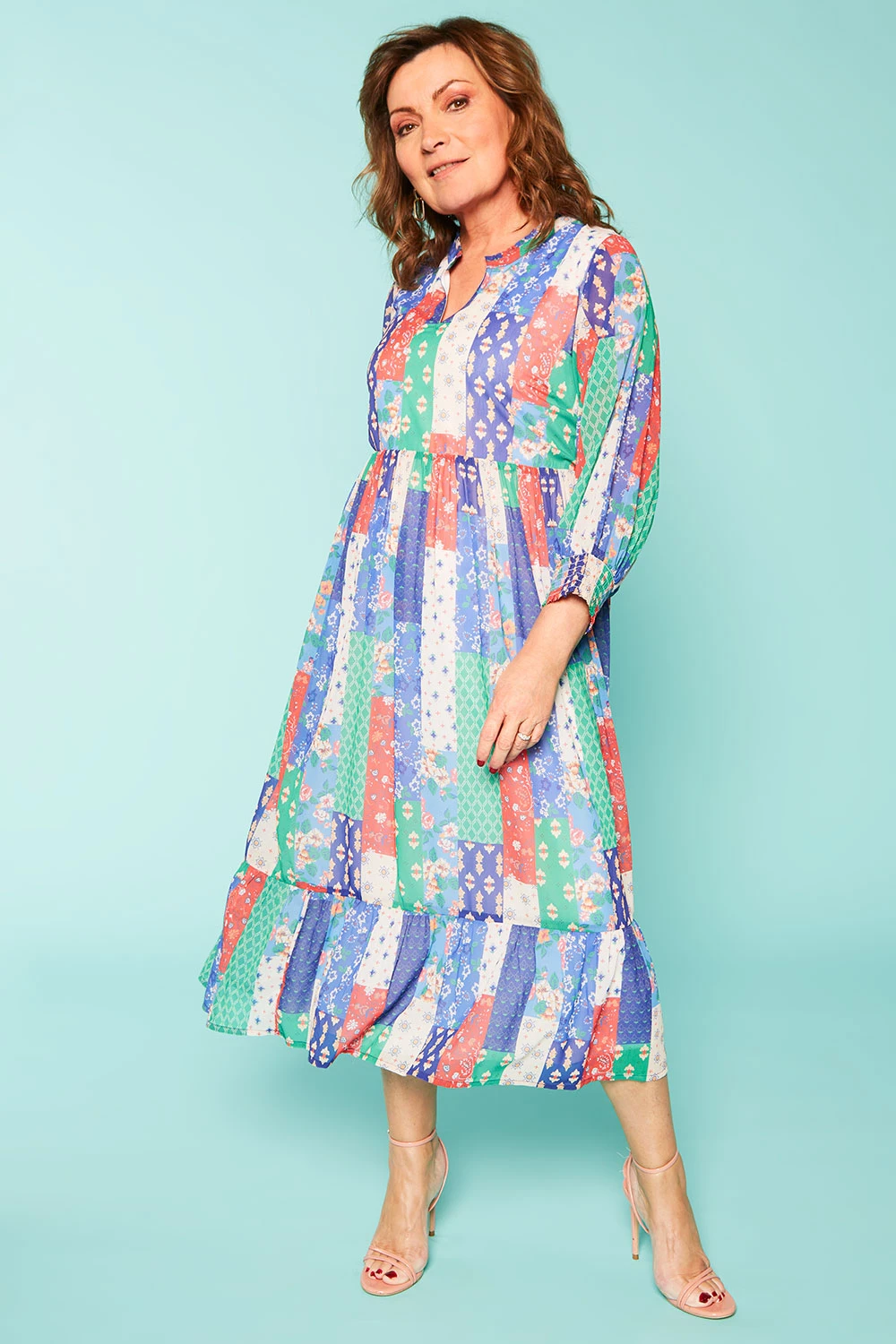 Patchwork Smock Maxi Dress With Shirred Cuffs