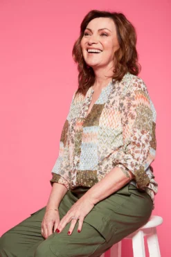 Long Sleeve Hanky Hem Patchwork Blouse