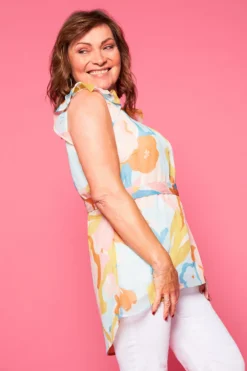 Sleeveless Large Floral Longline Top With Tie Waist Detail