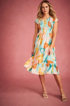 Short Sleeve Modern Floral Shirred Bodice Dress