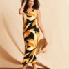 Mono Palm Print Maxi Dress With Ruched Front