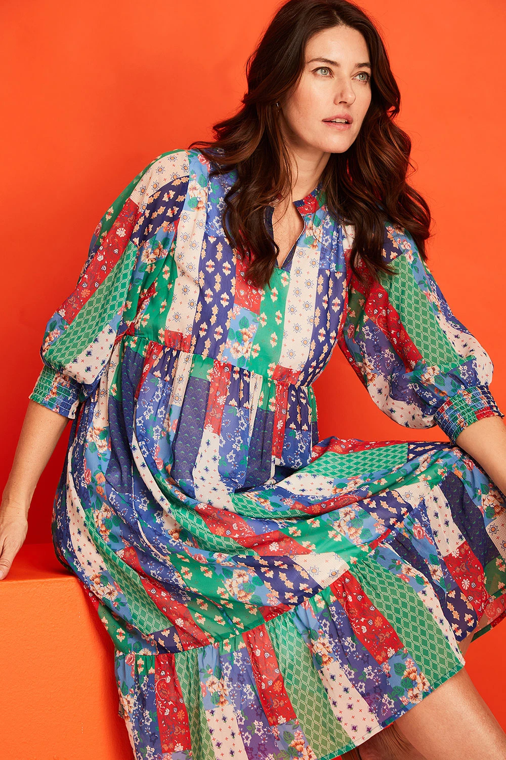 Patchwork Smock Maxi Dress With Shirred Cuffs - Image 9