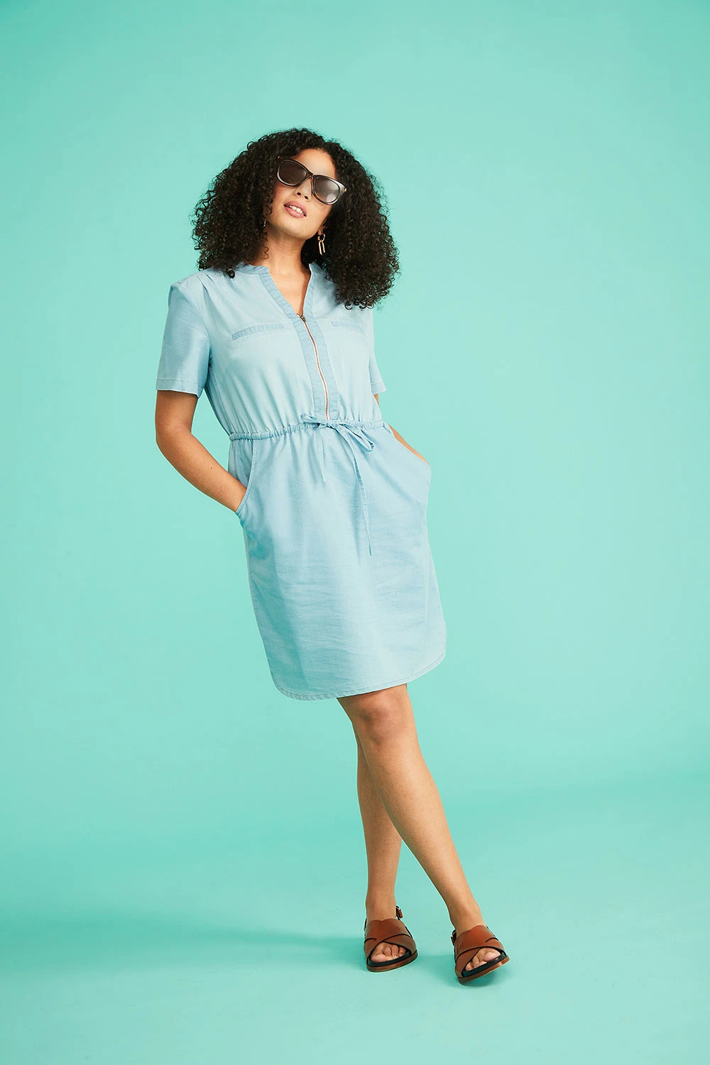 Short Sleeve Chambray Dress With Zip Detail - Image 4